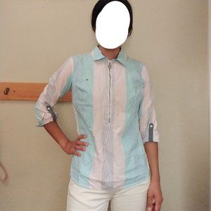 Tommy Hilfigher 3/4-zip striped long-sleeve blouse with collar
